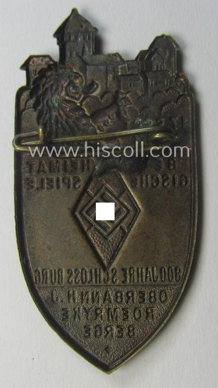 HJ- (ie.'Hitlerjugend') related 'tinnie' showing a castle, lion and 'HJ-Raute' coupled with the text: 'Bergische Heimatspiele - 800 Jahre Schloss Burg - Oberbann H.J. Roemryke Berge - 17. Sept. 1934' — image 2