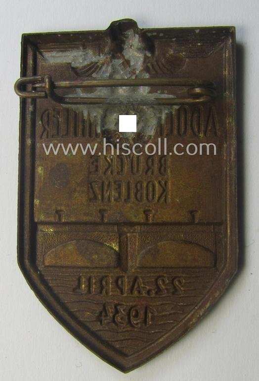 Commemorative - and scarcely found! - so-called: N.S.D.A.P.-related 'tinnie' (ie. 'Tagungs- o. Veranstaltungsabzeichen'-) being a maker- (ie. 'F. Hofstätter'-) marked example showing the text: 'Adolf Hitler Brücke - Koblenz - 22. April 1934' — image 2