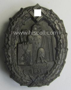 Greyish-silver-coloured- and (unusually!) 'molded'-aluminium-based, N.S.D.A.P.-related day-badge (ie. 'tinnie' or: 'Veranstaltungsabzeichen') …