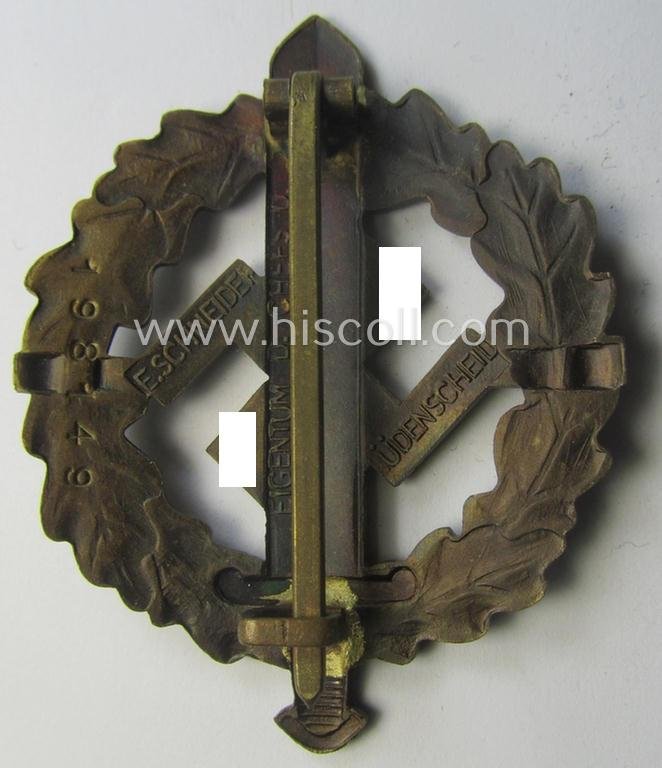 Early- (ie. pre-) war-period 'SA Sportabzeichen in Bronze' being a nicely maker- (ie. 'E. Schneider'-) marked example that bears a unique, stamped bearers'-number that reads: '198149' on its back — image 2