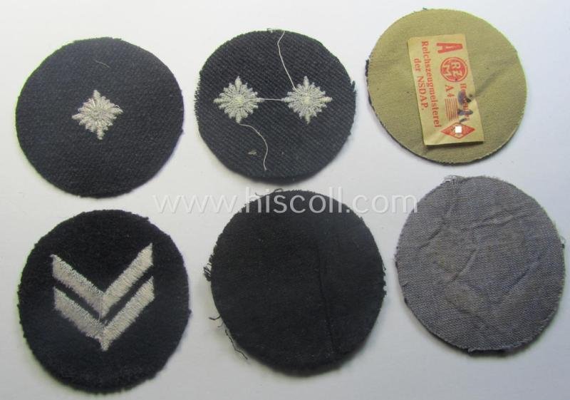 Interesting - and hardly ie. even never used! - 6-pieced (and almost complete), DJ- (ie. 'Deutsches Jungvolk in der HJ') insignia-set comprising of 6 darker-blue-toned rank-patches (ie. 'Rangzeichen') of which one still holds its period 'RzM'-etiket — image 3