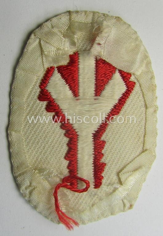 Truly used, HJ/BDM (ie. 'Hitlerjugend'/'Bund Deutscher Mädel') trade- or specialist-armbadge as executed in neat 'BeVo'-weave pattern as was intended for usage by a: 'Feldscher' (or: medical orderly) — image 2