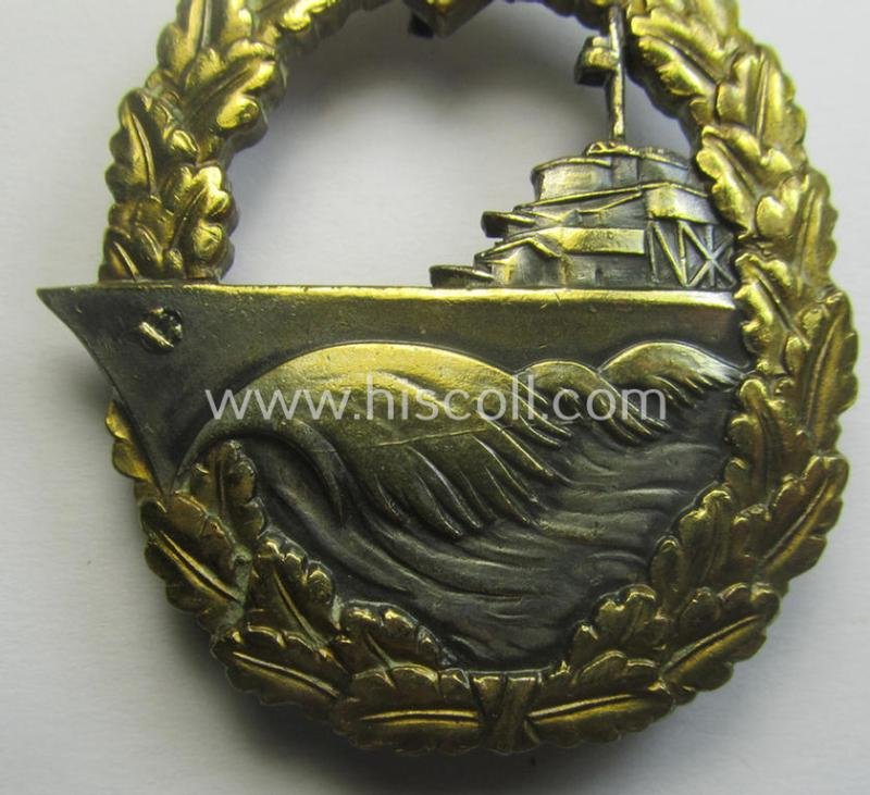 WH (Kriegsmarine) 'Zerstörerkriegsabzeichen' being a non-maker-marked example as executed in 'Buntmetall' (ie. 'Tombak') as was (I deem) produced by the desirable maker (ie. 'Hersteller'): 'GWL' (ie. 'Gebr. Wegerhoff') — image 2