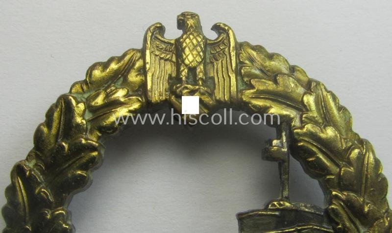 WH (Kriegsmarine) 'Zerstörerkriegsabzeichen' being a non-maker-marked example as executed in 'Buntmetall' (ie. 'Tombak') as was (I deem) produced by the desirable maker (ie. 'Hersteller'): 'GWL' (ie. 'Gebr. Wegerhoff') — image 3