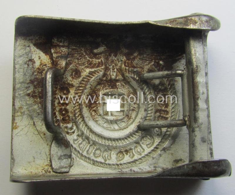 Waffen-SS, EM- (ie. NCO-) type belt-buckle (being a typical, unmarked and typical steel-based: 'Overhoff & Cie'-example) that comes in a surely issued- and/or moderately used- ie. worn, condition — image 2