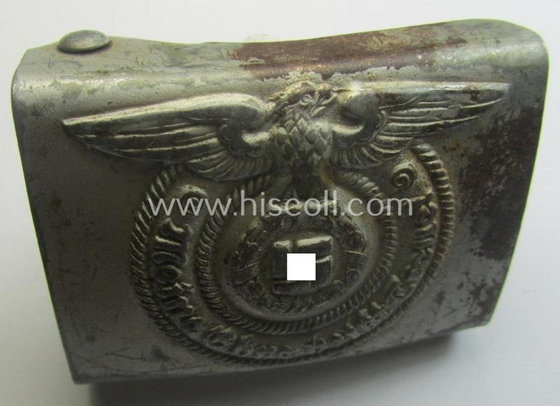 Waffen-SS, EM- (ie. NCO-) type belt-buckle (being a typical, unmarked and typical steel-based: 'Overhoff & Cie'-example) that comes in a surely issued- and/or moderately used- ie. worn, condition — image 3