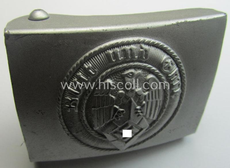 HJ (ie. 'Hitlerjugend') matted silver-coloured- (ie. steel-based- and/or 'silver-sprayed'-pattern) belt-buckle being a neatly maker- (ie. 'RzM M4/42'-) marked example that comes in a just minimally used- ie. worn, condition — image 4