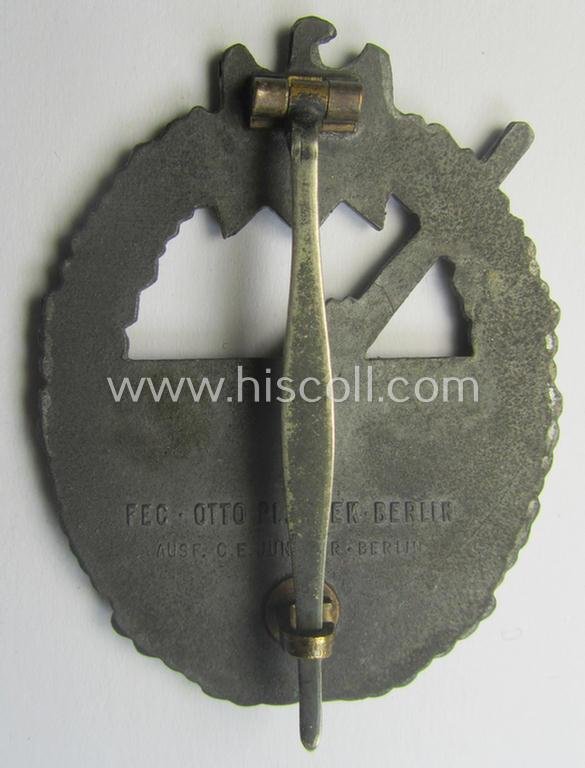 WH (Kriegsmarine) 'Marine-Artillerie-Abzeichen' being a typical zinc- (ie. 'Feinzink'-) based example by the desirable maker- (ie. 'Hersteller') 'C.E. Juncker - Berlin' — image 4
