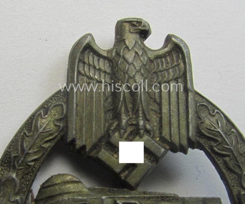 Superb - and hardly used! - 'Panzerkampfabzeichen in Bronze' being a neatly maker- (ie. 'HA'-) marked- and/or zinc- (ie. 'Feinzink'-) based specimen as was produced by the desirable 'Hersteller' (ie. maker): 'Hermann Aurich' — image 2