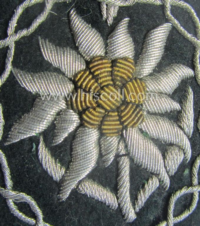WH (Heeres) neatly hand-embroidered- and/or typical officers'- (ie. 'variant'-) pattern so-called: 'Edelweiss'-arm-badge (as specifically intended for usage by an officer serving within the 'Geb.-Jäger-Trpn.' — image 2