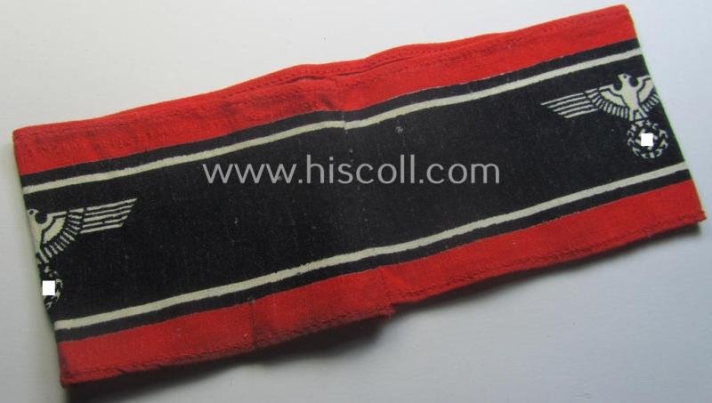 Typically printed- and/or later-war-period, bright-red- and/or black-coloured so-called: 'Deutscher Volkssturm'-armband (ie. 'Armbinde') that comes in an overall very nice- (I deem hardly used- nor worn- ie. 'virtually mint'-), condition — image 2