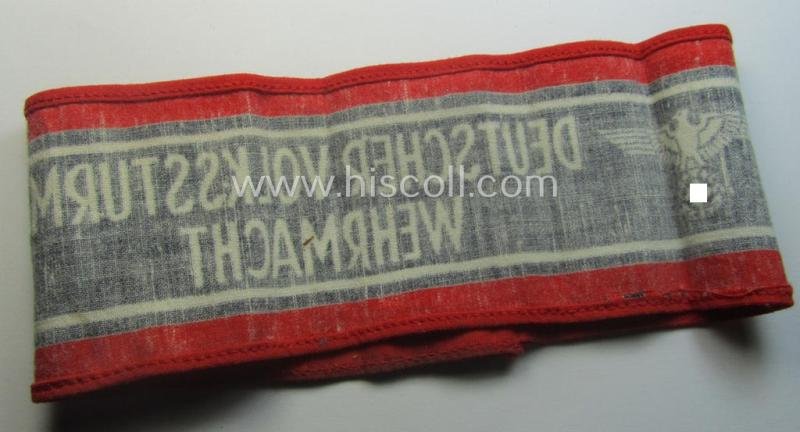 Typically printed- and/or later-war-period, bright-red- and/or black-coloured so-called: 'Deutscher Volkssturm'-armband (ie. 'Armbinde') that comes in an overall very nice- (I deem hardly used- nor worn- ie. 'virtually mint'-), condition — image 4