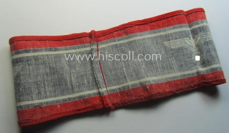 Typically printed- and/or later-war-period, bright-red- and/or black-coloured so-called: 'Deutscher Volkssturm'-armband (ie. 'Armbinde') that comes in an overall very nice- (I deem hardly used- nor worn- ie. 'virtually mint'-), condition — image 5