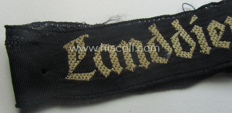 Truly worn (ie. relic) example) of the - actually scarcely encountered! - HJ ('Hitlerjugend') armband (ie. cuff-title) as woven in the neat 'BeVo'-like-pattern, entitled: 'Landdienst der HJ' — image 2