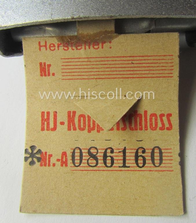 'Virtually mint' - and actually very scarcely encountered! - 'HJ- o. Hitlerjugend'-belt-buckle being a clearly maker- (ie. 'RzM M4/24'- ie. 'FLL') marked example that comes with its period-attached makers'-etiket — image 3