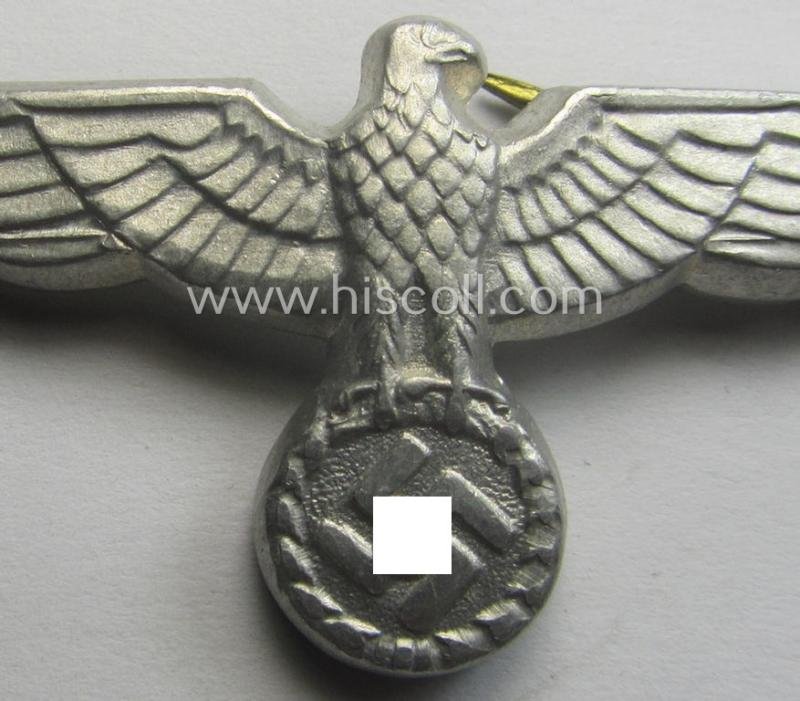 WH (Heeres) bright-silver-toned (ie. aluminium-based), EM- (ie. NCO- or officers') type visor-cap-eagle being a non-maker-marked example that comes in a just minimally used- ie. (I deem) once cap-attached, condition — image 2