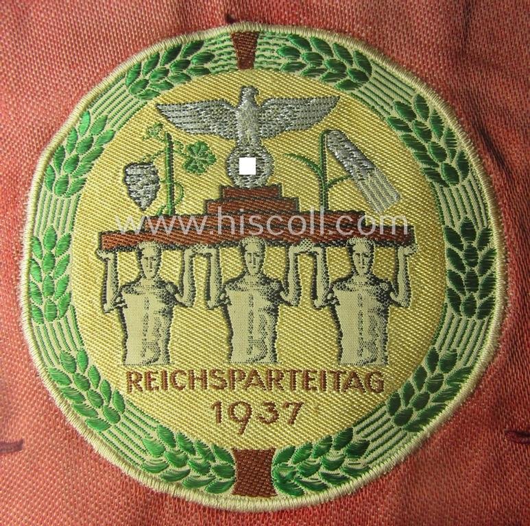 'Patriotic-styled', N.S.D.A.P.-related vehicle- ie. bicycle-flag (ie. 'Fahrrad-Fahne') depicting on one side an interwoven illustration of three men holding a statue of a 'Reichsadler'-device coupled with the text: 'Reichsparteitag 1937' — image 2