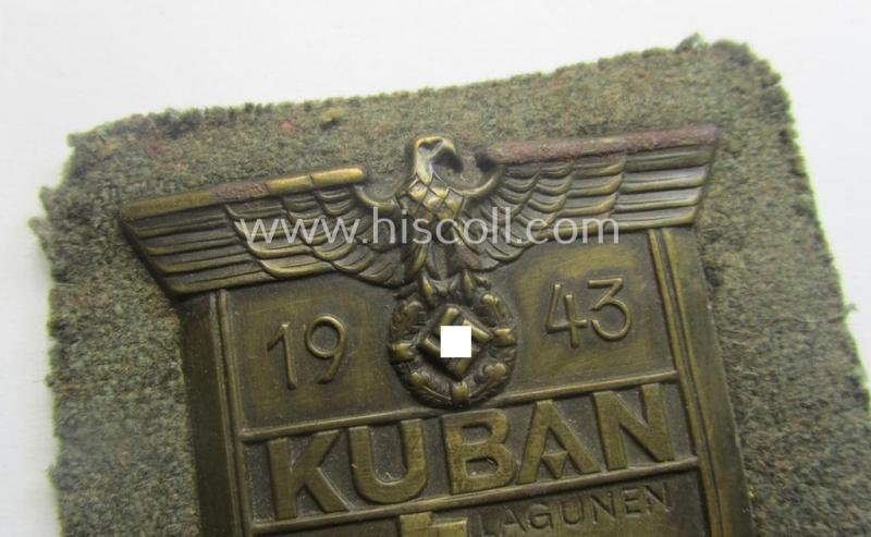 WH (Heeres ie. Waffen-SS) 'Kuban'-campaign-shield that comes mounted onto its original field-grey-coloured- and/or woolen-based 'backing' as issued and/or used — image 2