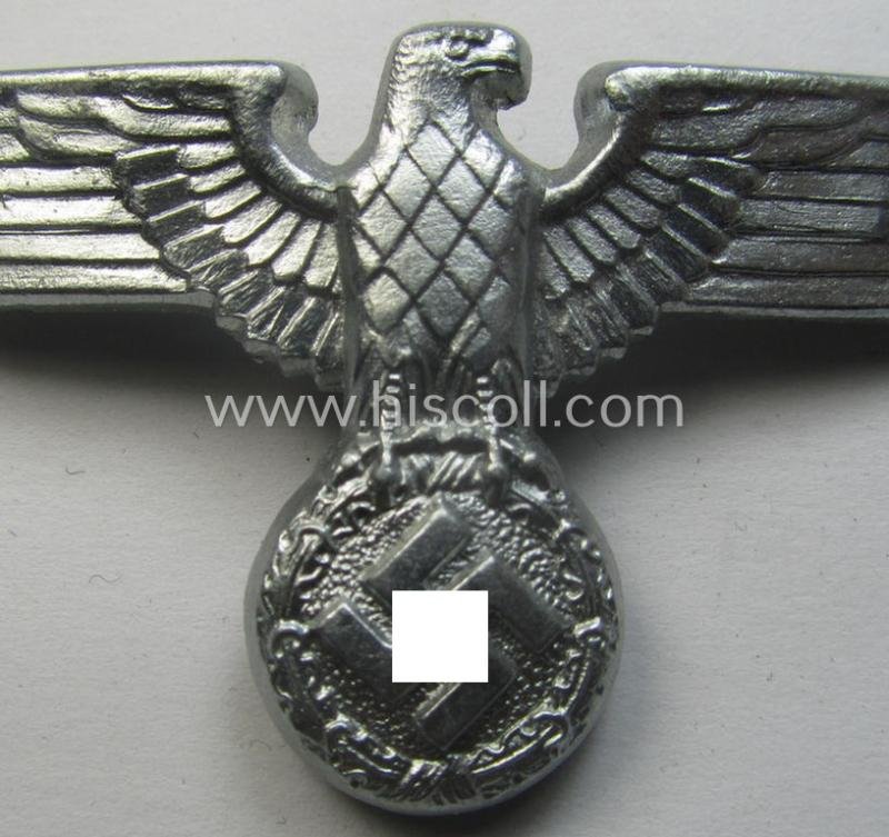 Bright-silver-coloured- and/or: zinc- (ie. 'Feinzink'-) based (political-style) visor- (ie. 'Schirmmützen'-) cap-eagle being a detailed example that is neatly: 'RzM' and/or: 'M1/72' marked on its back — image 2