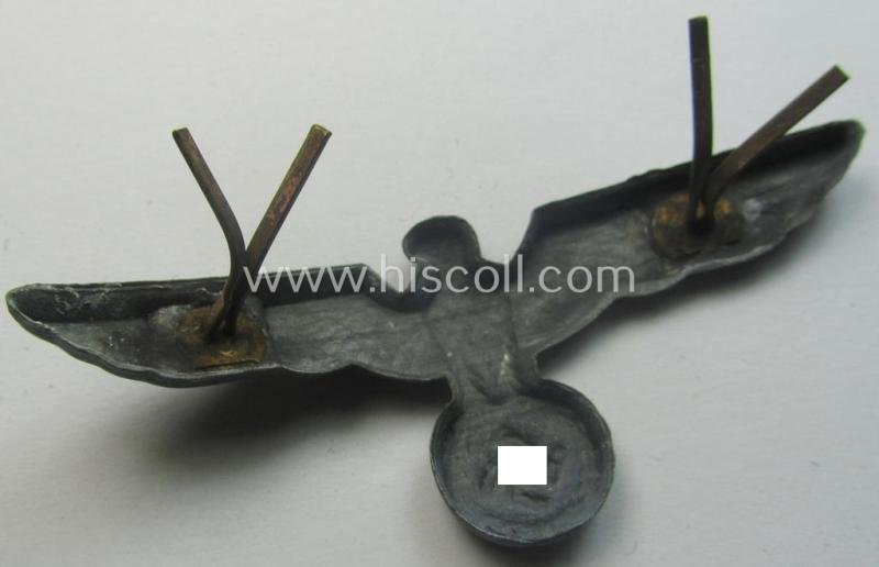 WH (Heeres) tarnished silver-toned (ie. 'Feinzink'-based), EM- (ie. NCO- or officers') type visor-cap-eagle being a non-maker-marked example that comes in a just minimally used- ie. once cap-attached, condition — image 3
