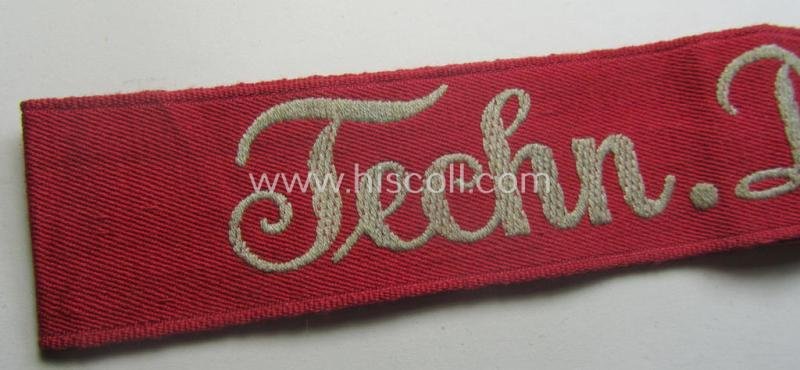 Never before seen - and unidentified! - bright-pink-toned and neatly 'BeVo'-woven, TR-period cuff-title (ie. 'Ärmelstreifen') depicting the greyish-silver-toned text: 'Techn. Dienst' — image 2