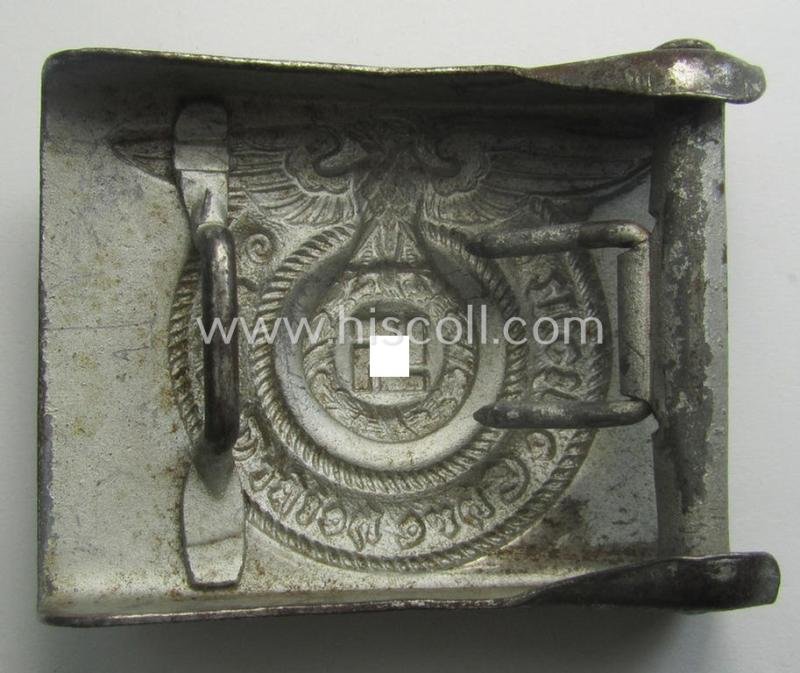 Waffen-SS, EM- (ie. NCO-) type belt-buckle (being a typical, unmarked and typical steel-based: 'Overhoff & Cie'-example) that comes in a surely issued- and/or moderately used- ie. worn, condition — image 2