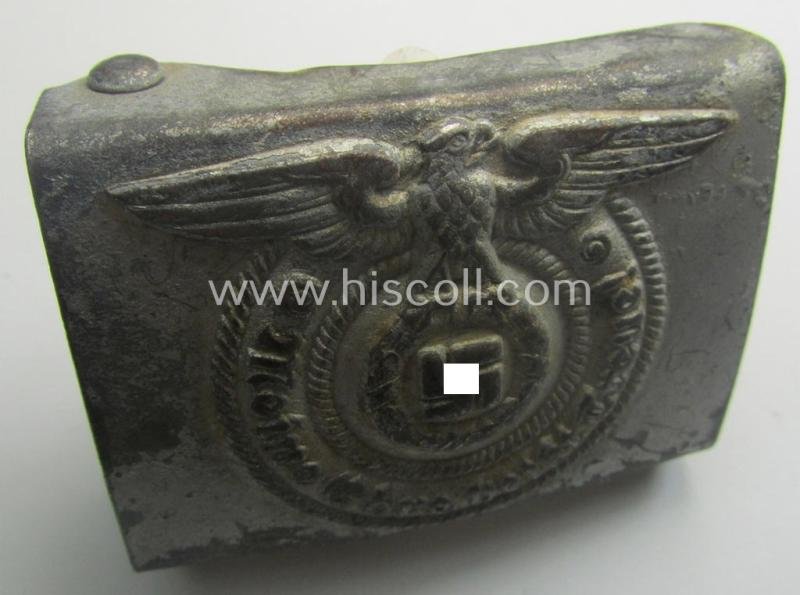 Waffen-SS, EM- (ie. NCO-) type belt-buckle (being a typical, unmarked and typical steel-based: 'Overhoff & Cie'-example) that comes in a surely issued- and/or moderately used- ie. worn, condition — image 3
