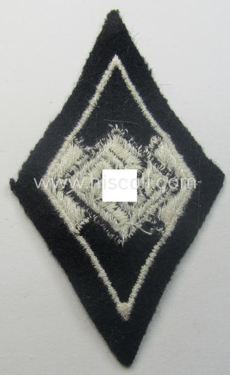 Waffen-SS-pattern, machine-embroidered and/or black- and white-coloured sleeve-insignia (ie. 'Ärmelraute') depicting a so-called: 'HJ-Raute' as was used and intended to signify former membership within the 'Hitlerjugend' — image 2
