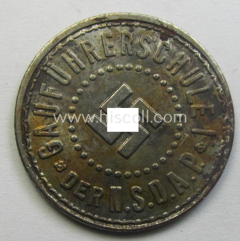 Unusual, TR-period commemorative-token (ie. 'Erinnerungs- o. tragbare Medaille') showing a detailed swastika-device and bearing the text: 'Gut für eine Flasche Bier -Gauführerschule I der N.S.D.A.P.' — image 2