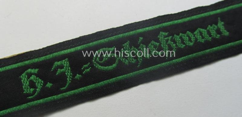 Truly worn- ie. tunic-removed, HJ (Hitlerjugend) cuff-title ie. 'tunic-stripe' (ie. 'Ärmelbänd') as was intended for a: 'HJ-Schiesswart' (or: HJ-shooting-instructor) that still retains its period 'RzM'-etiket — image 2