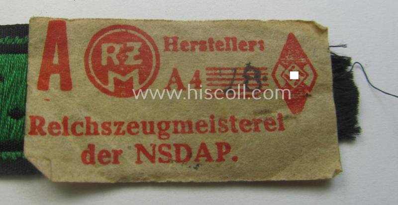 Truly worn- ie. tunic-removed, HJ (Hitlerjugend) cuff-title ie. 'tunic-stripe' (ie. 'Ärmelbänd') as was intended for a: 'HJ-Schiesswart' (or: HJ-shooting-instructor) that still retains its period 'RzM'-etiket — image 4