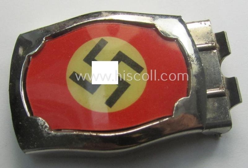 Attractive - and actually unusually seen! - smaller-sized, silver-toned (ie. chromed metal-based) patriotic belt-buckle (ie. 'N.S.D.A.P.'-supportive-piece) being a 'virtually mint- ie. unissued' example that shows some (minimal) rust-staining — image 6