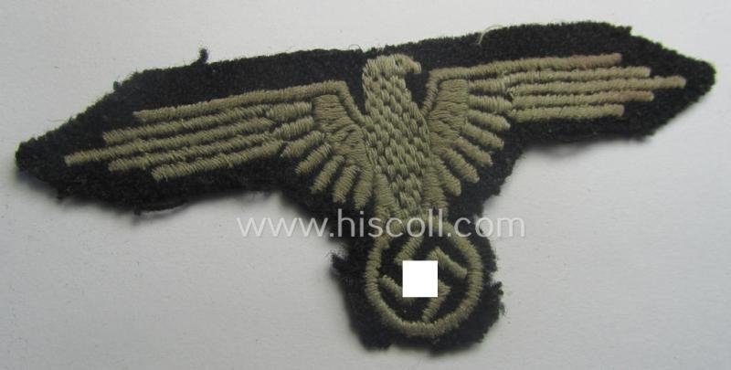 Clearly used- and/or tunic-removed, 2-pieced 'SS'- (ie. 'Waffen-SS'-) insignia-set comprising of a so-called: 'RzM'-type EM- (ie. NCO-) pattern arm-eagle and/or rank-chevron as was intended for usage by an: 'SS-Rottenführer' — image 2