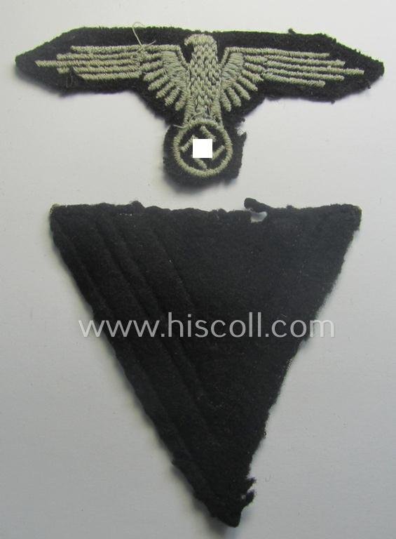 Clearly used- and/or tunic-removed, 2-pieced 'SS'- (ie. 'Waffen-SS'-) insignia-set comprising of a so-called: 'RzM'-type EM- (ie. NCO-) pattern arm-eagle and/or rank-chevron as was intended for usage by an: 'SS-Rottenführer' — image 4