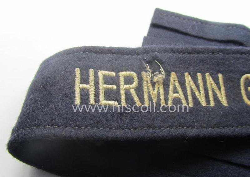 Typical 'smooth-woolen'-based, enlisted-mens'- (ie. NCO-) pattern WH (Luftwaffe) cuff-title (ie. 'Ärmelstreifen') entitled: 'Hermann Göring' (being an I deem presumably issued- albeit never worn nor tunic-attached and minimally damaged example) — image 2
