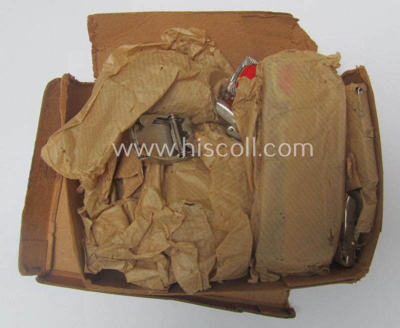 Attractive - and unusually seen! - smaller-sized, 'ornamented' and silver-toned (ie. chromed metal-based) patriotic belt-buckle (ie. 'N.S.D.A.P.'-supportive-piece) being a 'mint- ie. unissued' example that shows some (minimal) rust-staining — image 2