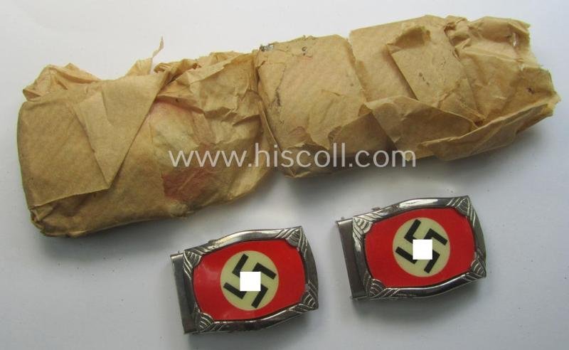 Attractive - and unusually seen! - smaller-sized, 'ornamented' and silver-toned (ie. chromed metal-based) patriotic belt-buckle (ie. 'N.S.D.A.P.'-supportive-piece) being a 'mint- ie. unissued' example that shows some (minimal) rust-staining — image 3