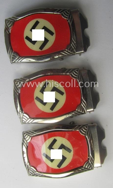 Attractive - and unusually seen! - smaller-sized, 'ornamented' and silver-toned (ie. chromed metal-based) patriotic belt-buckle (ie. 'N.S.D.A.P.'-supportive-piece) being a 'mint- ie. unissued' example that shows some (minimal) rust-staining — image 4