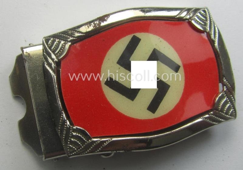 Attractive - and unusually seen! - smaller-sized, 'ornamented' and silver-toned (ie. chromed metal-based) patriotic belt-buckle (ie. 'N.S.D.A.P.'-supportive-piece) being a 'mint- ie. unissued' example that shows some (minimal) rust-staining — image 5
