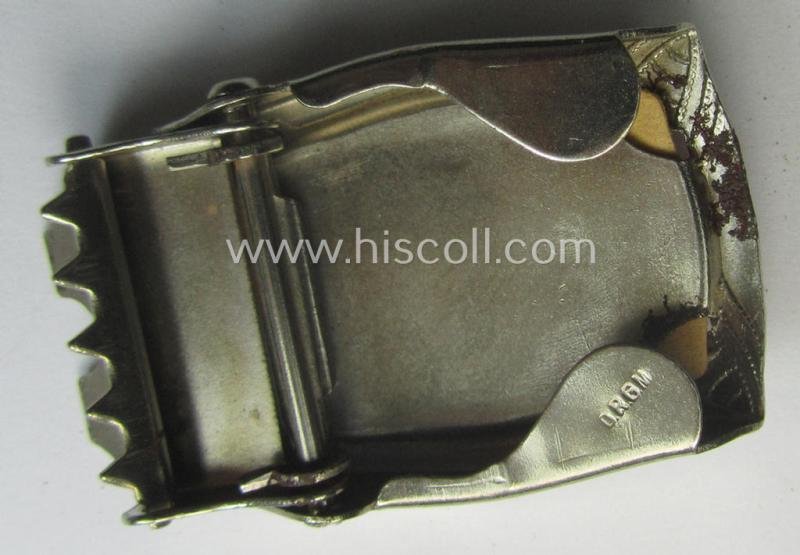 Attractive - and unusually seen! - smaller-sized, 'ornamented' and silver-toned (ie. chromed metal-based) patriotic belt-buckle (ie. 'N.S.D.A.P.'-supportive-piece) being a 'mint- ie. unissued' example that shows some (minimal) rust-staining — image 6