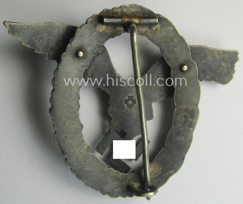 WH (Luftwaffe) 'Flugzeugführer-Abzeichen' (or: pilots'-badge) being a maker- (ie. 'BSW'-) marked- and typical 'Buntmetall'-based example as was produced by the maker (ie. 'Hersteller') named: 'Brüder Schneider' (ie. 'BSW') — image 3