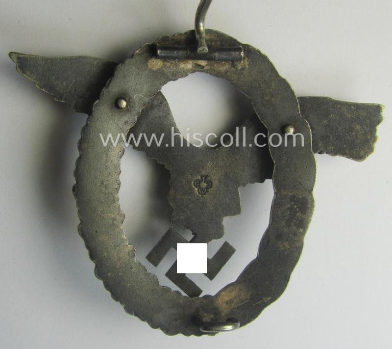 WH (Luftwaffe) 'Flugzeugführer-Abzeichen' (or: pilots'-badge) being a maker- (ie. 'BSW'-) marked- and typical 'Buntmetall'-based example as was produced by the maker (ie. 'Hersteller') named: 'Brüder Schneider' (ie. 'BSW') — image 4