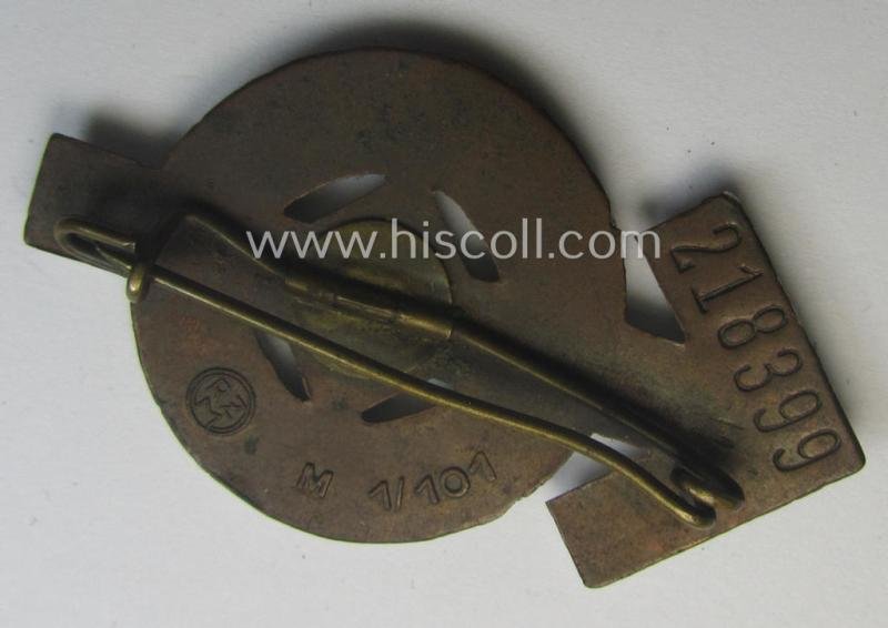 'Cupal'-based, HJ/BDM- (ie. 'Hitlerjugend'/'Bund Deutscher Mädel'): 'Leistungsabzeichen in Silber' being a neatly maker- (ie. 'RzM M1/101'-) marked example that is bearing the unique bearers'-number: '218399' — image 2