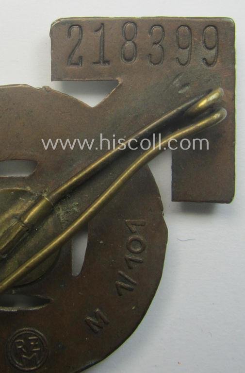 'Cupal'-based, HJ/BDM- (ie. 'Hitlerjugend'/'Bund Deutscher Mädel'): 'Leistungsabzeichen in Silber' being a neatly maker- (ie. 'RzM M1/101'-) marked example that is bearing the unique bearers'-number: '218399' — image 3