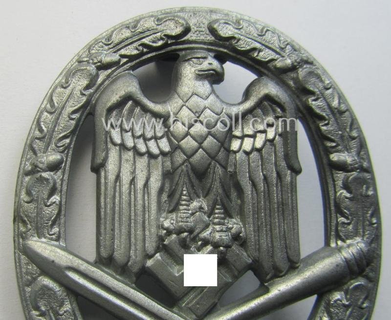 Hardly used 'Allgemeines Sturmabzeichen' (or: General Assault Badge ie. GAB) being a typical unmarked, zinc- (ie. 'Feinzink'-) based so-called: 'flat-back'-pattern by a (by me) unidentified maker — image 2