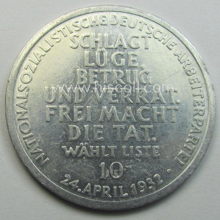 Unusual, N.S.D.A.P.-related token (ie. 'Erinnerungs- o. nichttragbare Medaille') showing an illustration of a man fighting a 3-headed snake and bearing the text: 'Schlagt Lüge, Betrug und Verrat. Frei macht die Tat - Wählt Liste 10 - 24. April 1932' — image 2