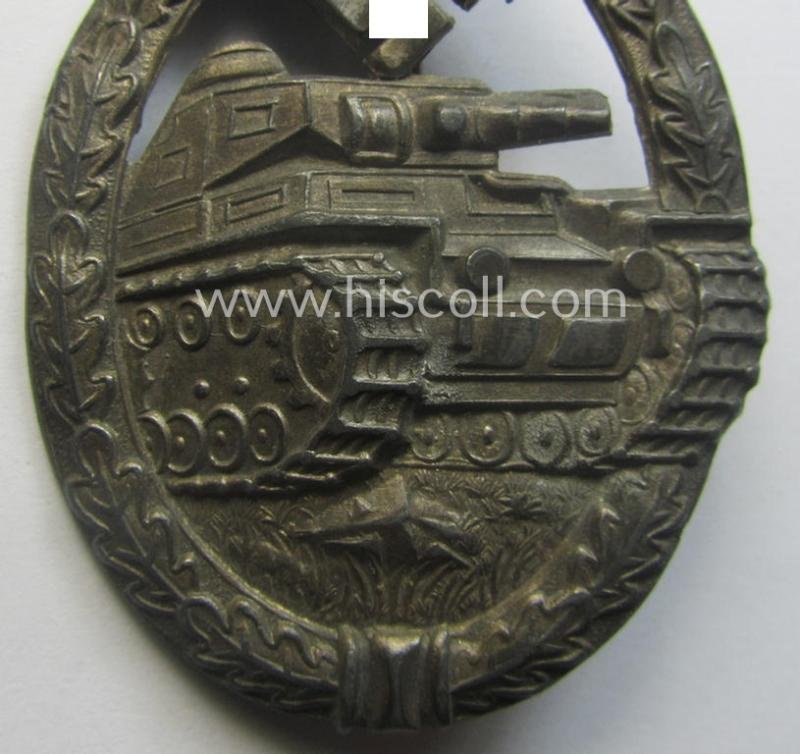 'Panzerkampfabzeichen in Silber' (or: silver-class panzer-assault badge or PAB) being a non-maker-marked- and/or hollow zinc- (ie. 'Feinzink'-) based example as was produced by the: 'Paul Meybauer'-company — image 3