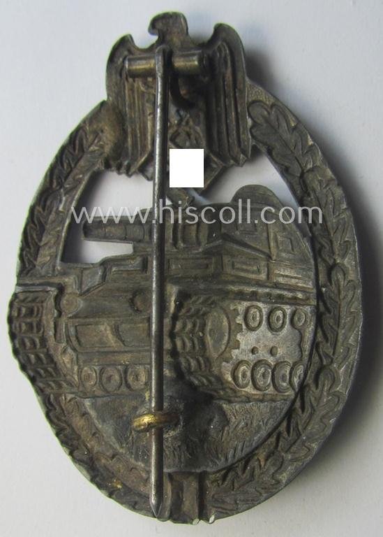 'Panzerkampfabzeichen in Silber' (or: silver-class panzer-assault badge or PAB) being a non-maker-marked- and/or hollow zinc- (ie. 'Feinzink'-) based example as was produced by the: 'Paul Meybauer'-company — image 4