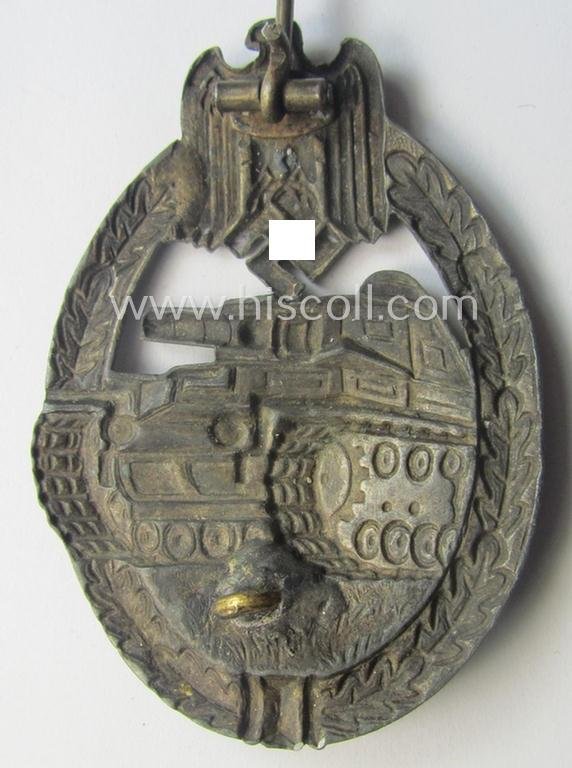 'Panzerkampfabzeichen in Silber' (or: silver-class panzer-assault badge or PAB) being a non-maker-marked- and/or hollow zinc- (ie. 'Feinzink'-) based example as was produced by the: 'Paul Meybauer'-company — image 5