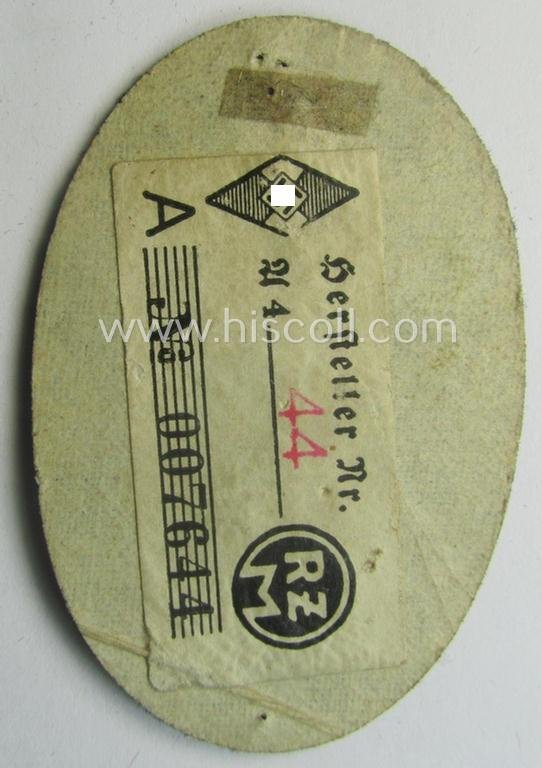 Early-period, HJ/BDM (ie. 'Hitlerjugend'/'Bund Deutscher Mädel') trade- or: specialist-armbadge as executed in machine-embroidered pattern as was intended for usage by a: 'Feldscher' (or: medical orderly) still retaining its period 'RzM'-etiket — image 2